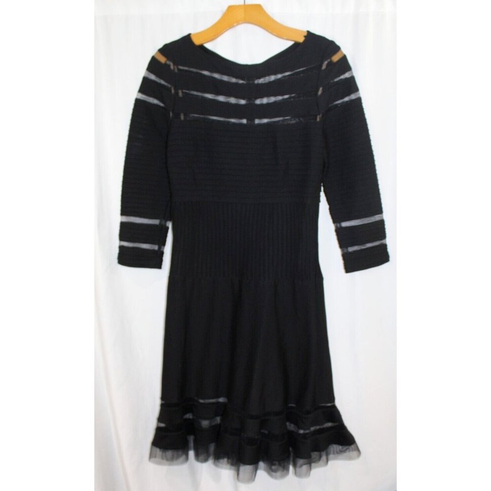 Tadashi Shoji Womens Black 3/4 Sleeve Illusion Stripe Ruffle Hem Dress PXL